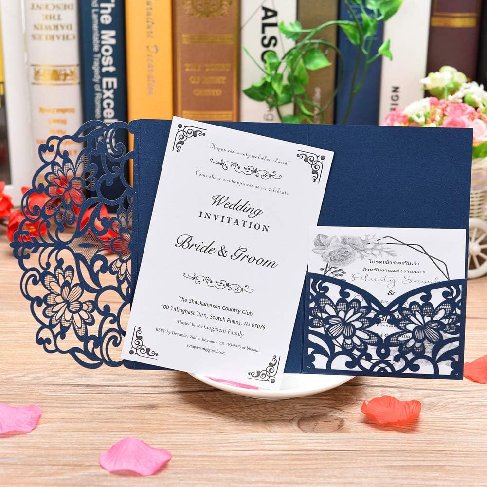 FOMTOR Laser Cut Wedding Invitation Cards Set w/Envelopes & Inserts & Seals – for Wedding, Bridal Shower, Graduation, Birthday Party, Engagement, Anniversary Blue 40Pcs