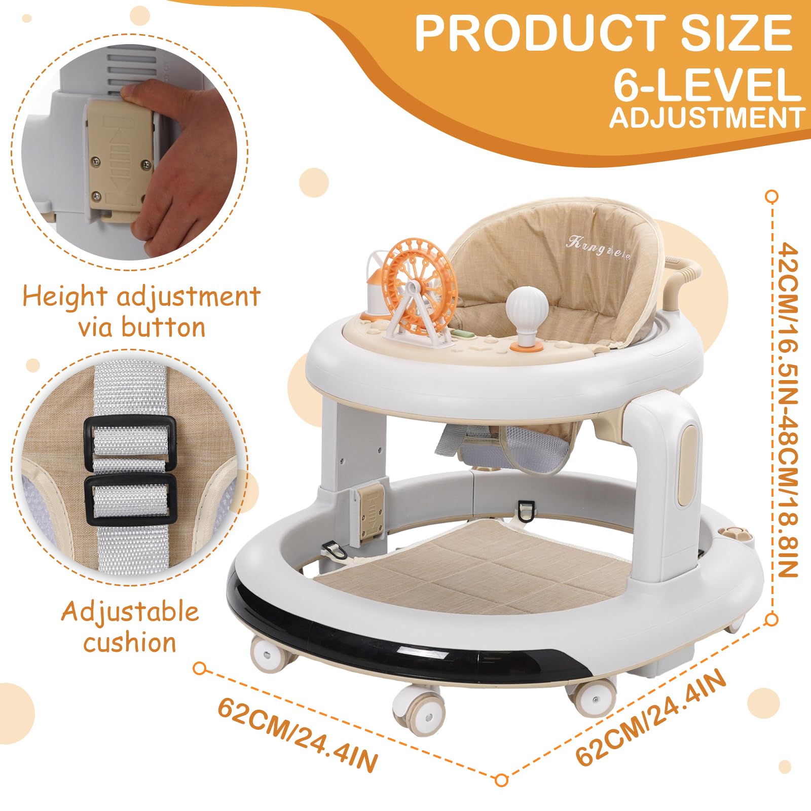3 w 1 Chodzik dla dzieci, 6 regulowanych wysokości i 2 poziomów regulowanego siedzenia, BabyWalker z cichymi kołami 360°, tacą na kolację i wyjmowaną tacą na muzykę, dla dzieci w wieku 6-18 miesięcy