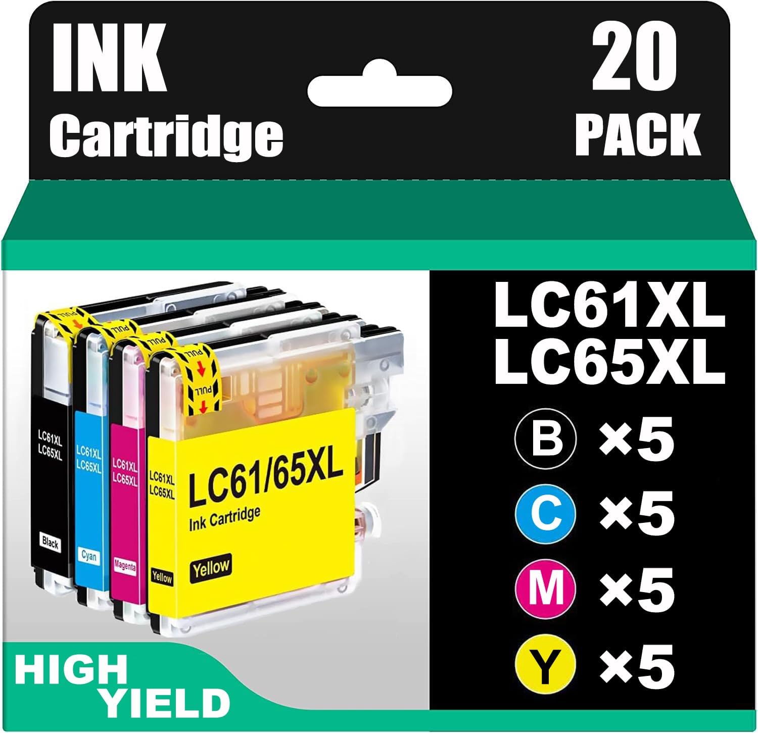Compatible Ink Cartridge Replacement for Brother LC61 LC-61 LC65 XL to use with MFC-J615W MFC-5895CW MFC-290C MFC-5490CN MFC-790CW MFC-J630W (5 Black, 5 Cyan, 5 Magenta, 5 Yellow) 20 Pack