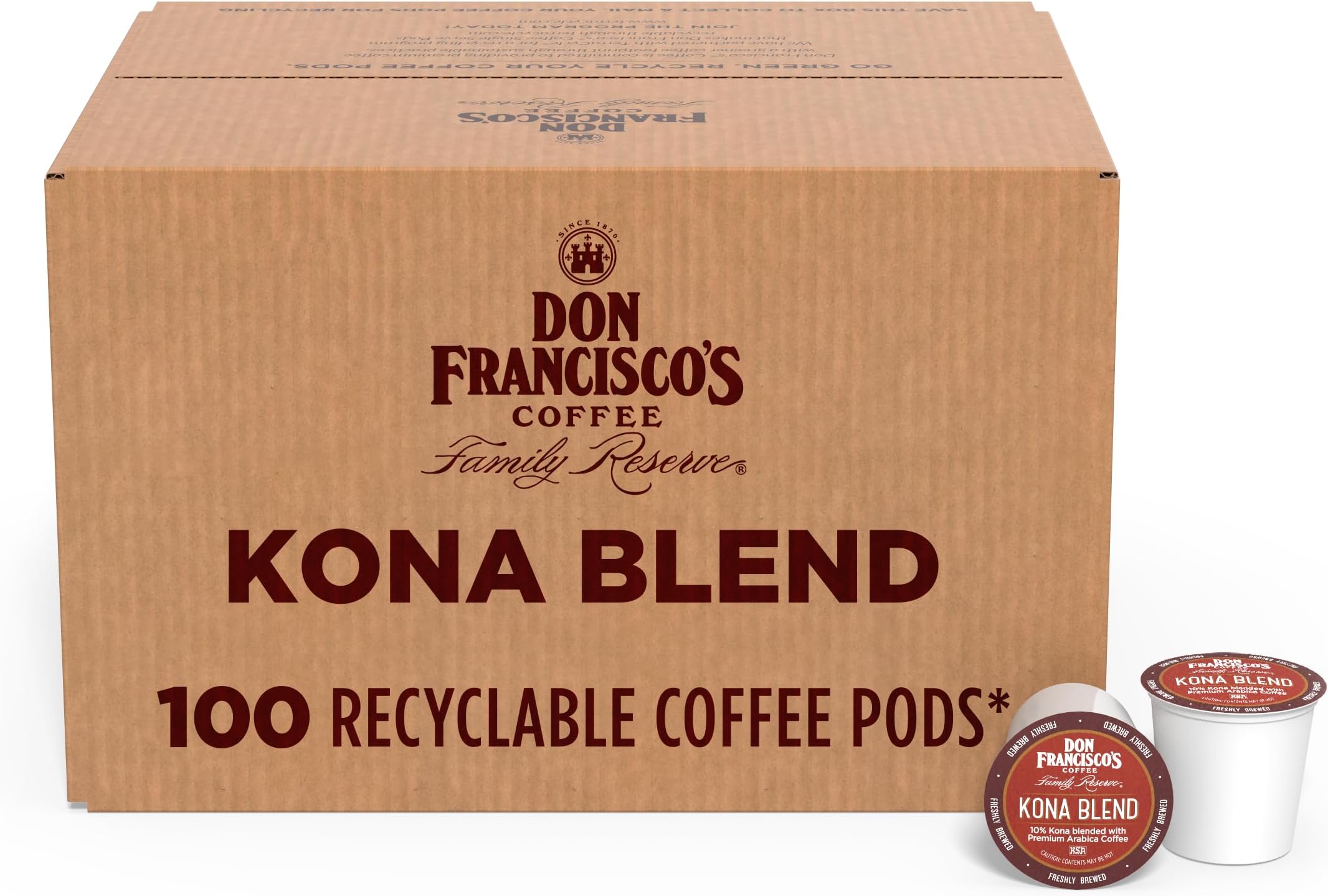 Kona Blend Coffee - 100 K-Cup Compatible Single-Serve Pods - 10% Hawaiian - Recyclable through TerraCycle - Compatible with Keurig Brewers