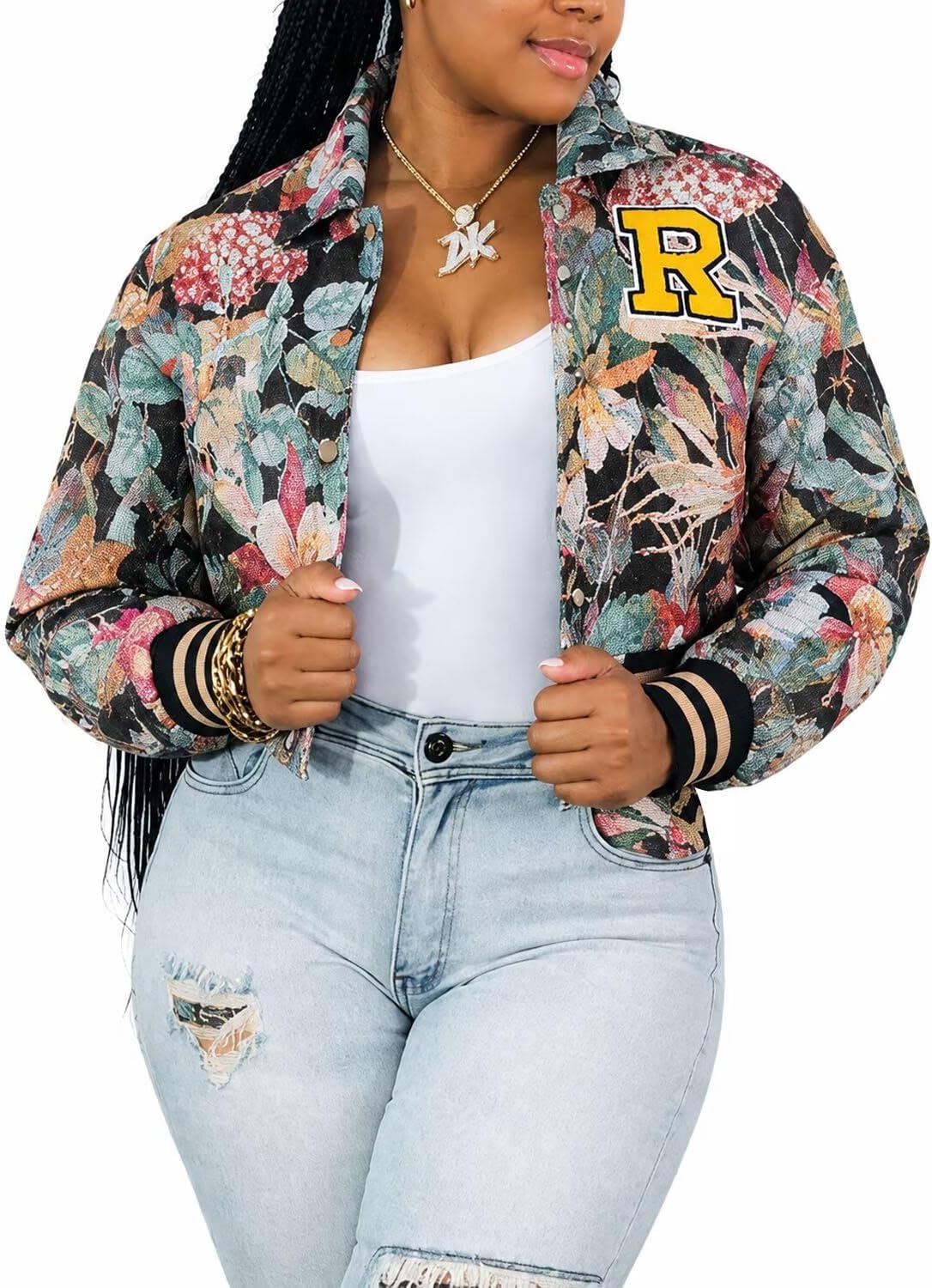Women's Bomber Jacket Floral Varsity Casaul Baseball Cropped Jacket