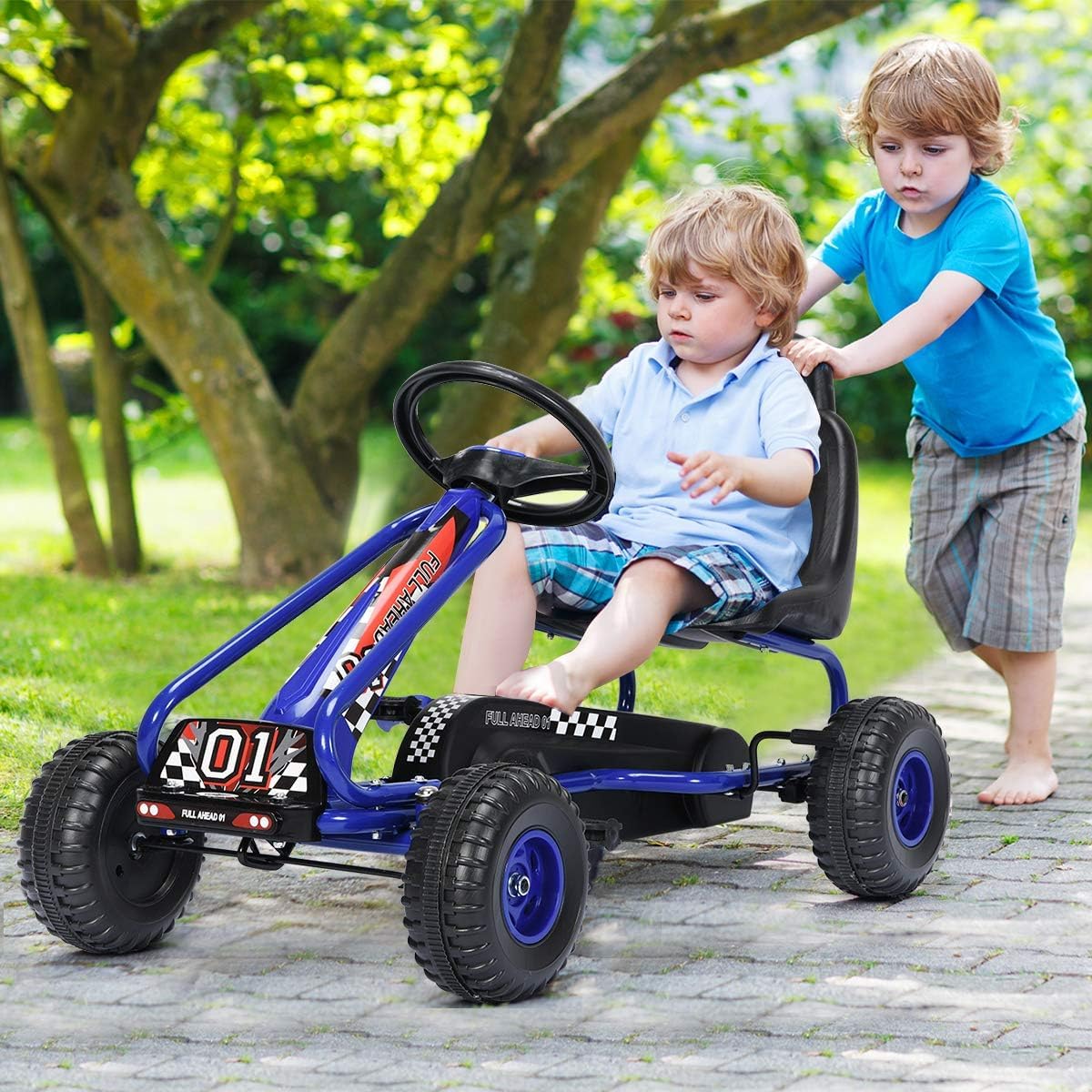 RELAX4LIFE Go Kart para Niños con Freno de Mano y Asiento Ajustable, Coche de Pedales con Ruedas Antideslizantes para Niños 3-6 Años, Carga 30kg (Azul)