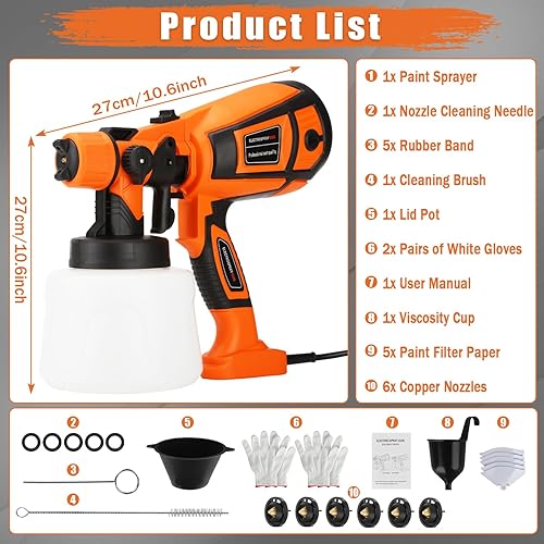 Miniatura 7 de ROADGIVE Pulverizador de pintura eléctrico, pistola de pintura HVLP de 700 W con 6 boquillas de cobre y 3 patrones de pulverización para interior y