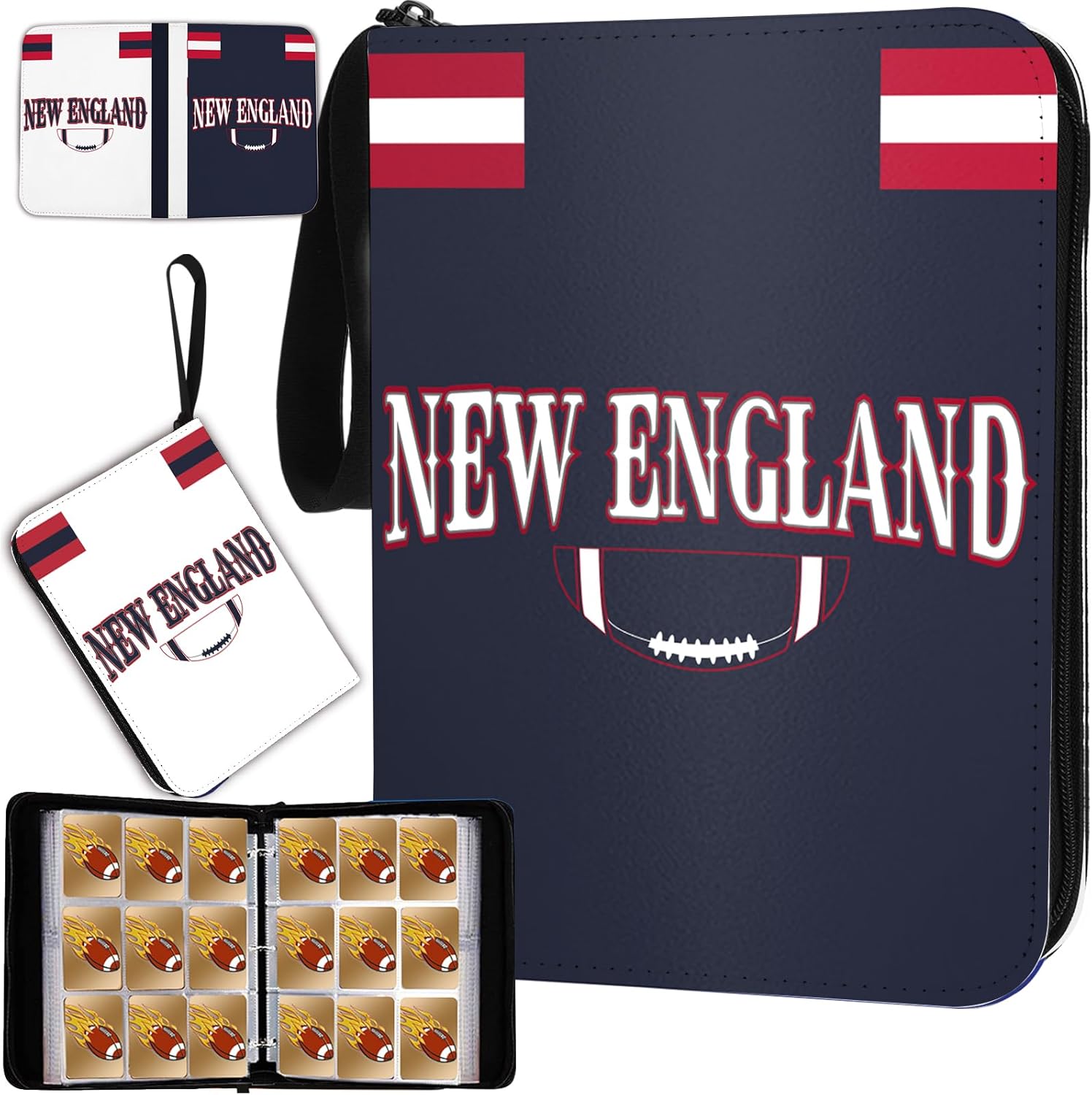 Football Card Binder with Sleeves 900 Pocket, New England Football Card Holder for Trading Cards Sports Card 3 Ring Binder Folder Collector Album Storage Book Case Kids Boys Girls Gift