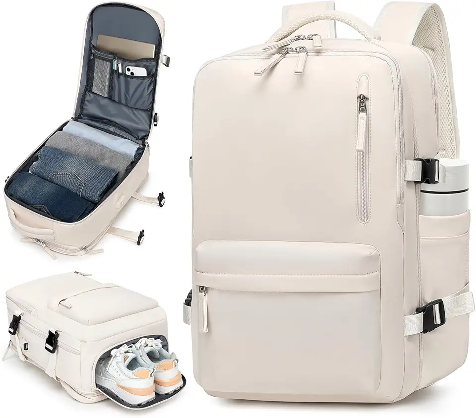 Mochila de Viagem Expansivel Grande Masculina Feminina,Mochila Avião Notebook Bolsa de Sapato,Executiva,Antifurto,Reforçada,USB,Impermeável,Escolar,Faculdade,Trabalho,Presente (Bege)