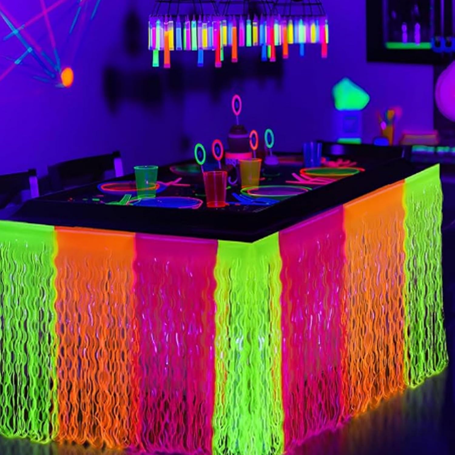 10-Pack Party Table Skirts, Fluorescent Wavy Tassel Table Skirts, Perfect Glow-in-the-Dark Party Table Decorations, Birthday Decorations(Orange,Rain Silk Style)