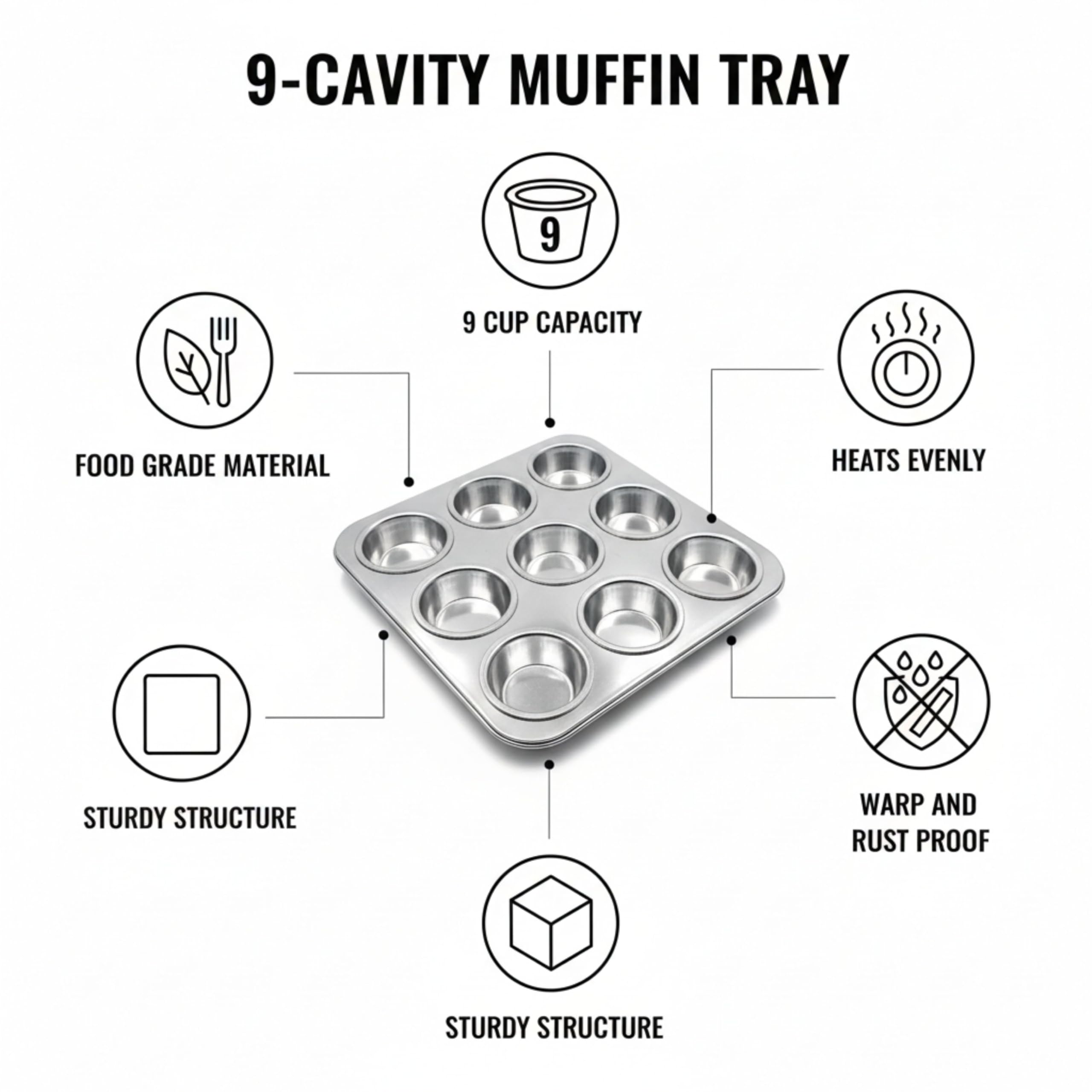 9 Cup Aluminum Muffin Tray for Oven Baking | Rust‑Free Cupcake Mould for OTG, Convection & Microwave (Convection Mode) | Durable Aluminium Muffin Pan for Cupcakes, Egg Bites, Tarts & Snacks 2