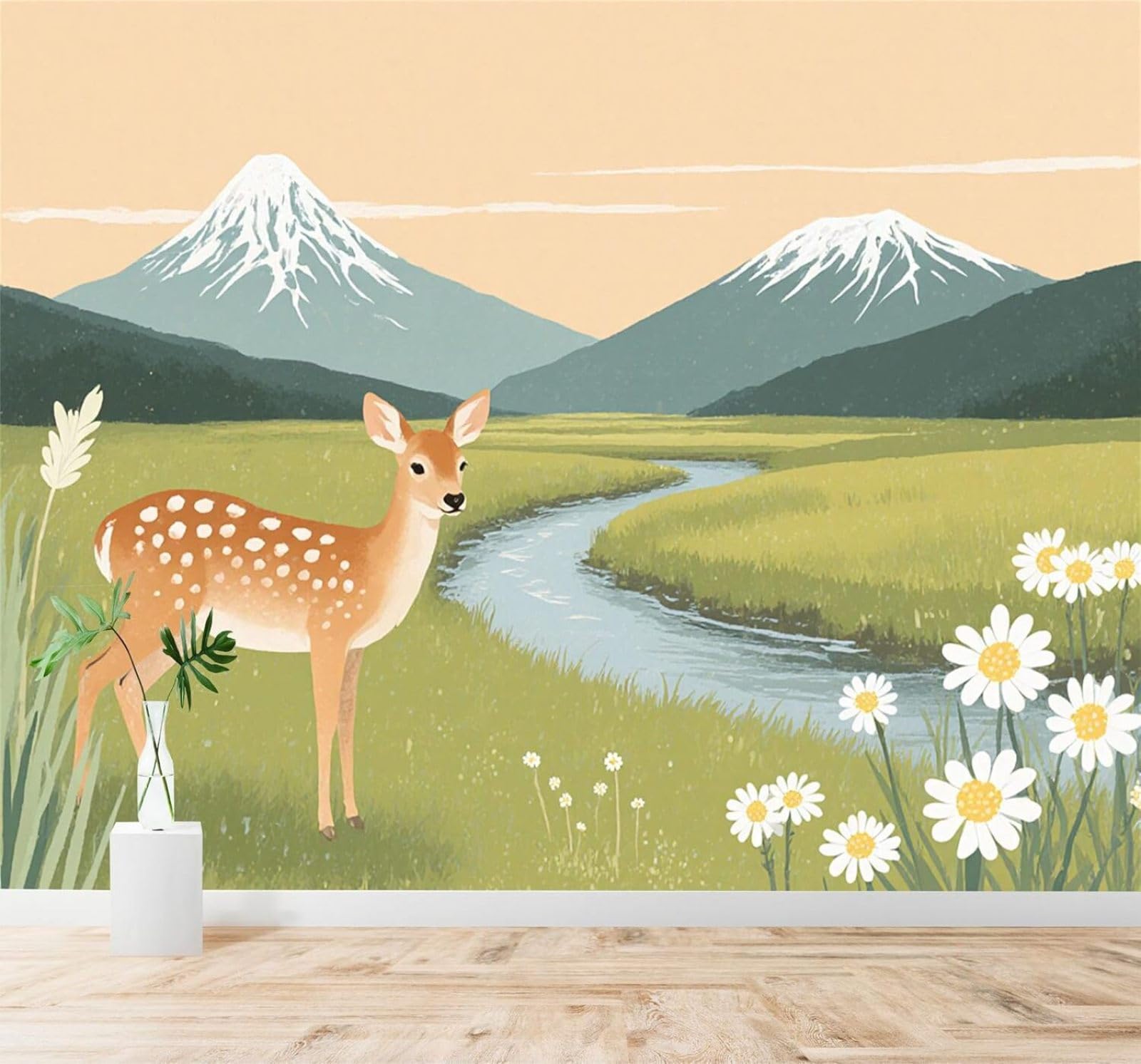 XLMING River Grassland Sika Deer Snow Capped Mountains Wildflowers 3D Wallpaper Silky Texture Home Study Office Grey Dining Room Sofa Bedroom Living Room TV Backdrop-350cm×256cm