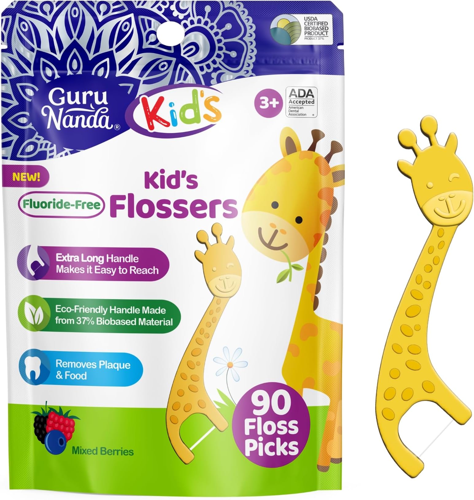 Dental Floss Picks for Kids, Extra-Long Giraffe-Shaped Picks, Fluoride-Free, Anti-Slip & Shred-Resistant Design & Eco-Friendly Handle & Berry Flavor, Ideal for Ages 3+, 90 Count (Pack of 1)