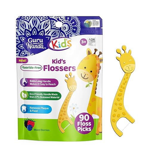 GuruNanda Dental Floss Picks for Kids, Extra-Long Giraffe-Shaped Picks with Fluoride, Anti-Slip & Shred-Resistant Design & Eco-Friendly Handle & Berry Flavor, Ideal for Ages 3+, 90 Count (Pack of 1)