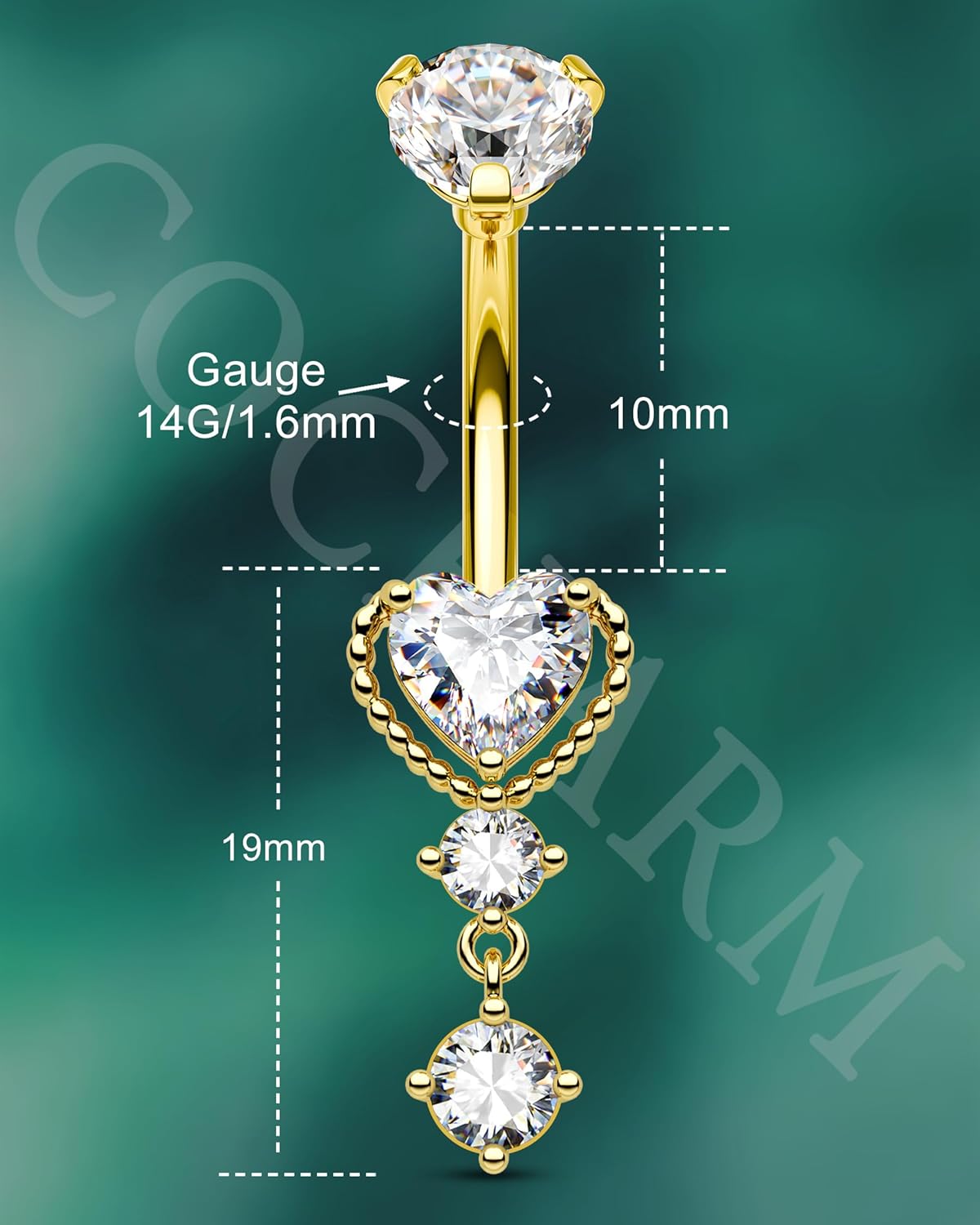 COCHARM Dangle Belly Button Rings 14G Heart Belly Navel Rings for Women Surgical Steel Navel Piercing Jewelry - Image 3