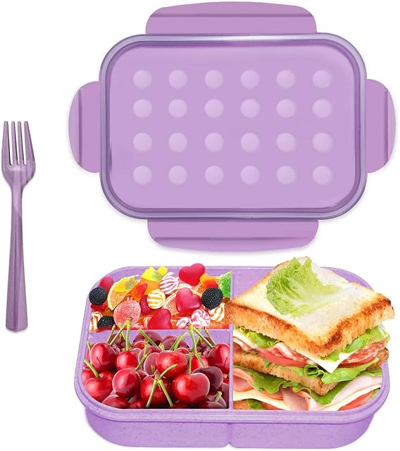 ASYH Bento Box, Japanese Lunch Box Reusable Leak Proof 3 Compartment Lunch Dinner Containers with Fork for Adults School Office - Microwave Safe (Purple)