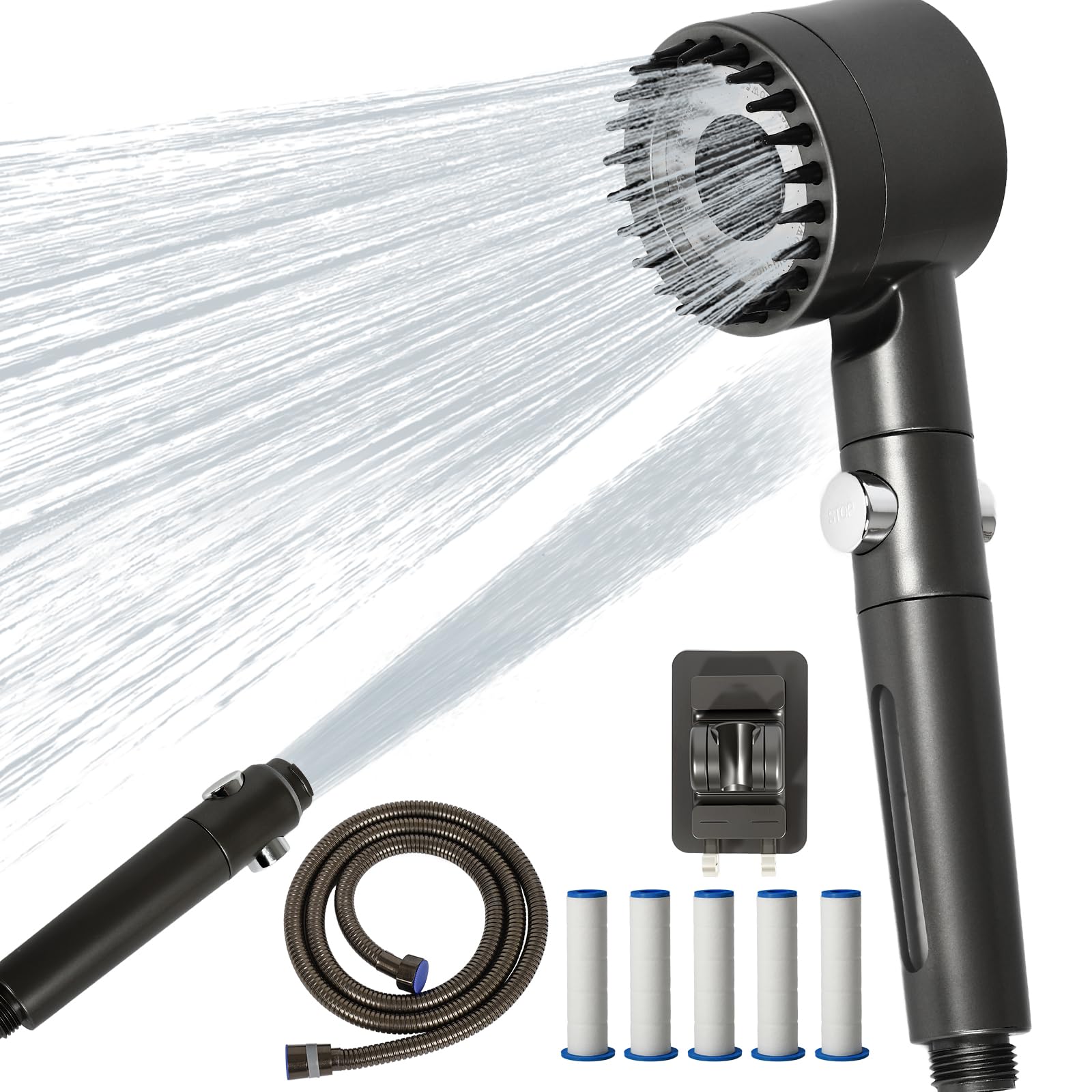 Soffione Doccia Anticalcare & 5 Ricambi | Doccino Per Doccia Con Tubo 1,5M | Soffione Anticalcare | Risparmio Idrico con Pausa | soffione doccia con filtro | Grigio
