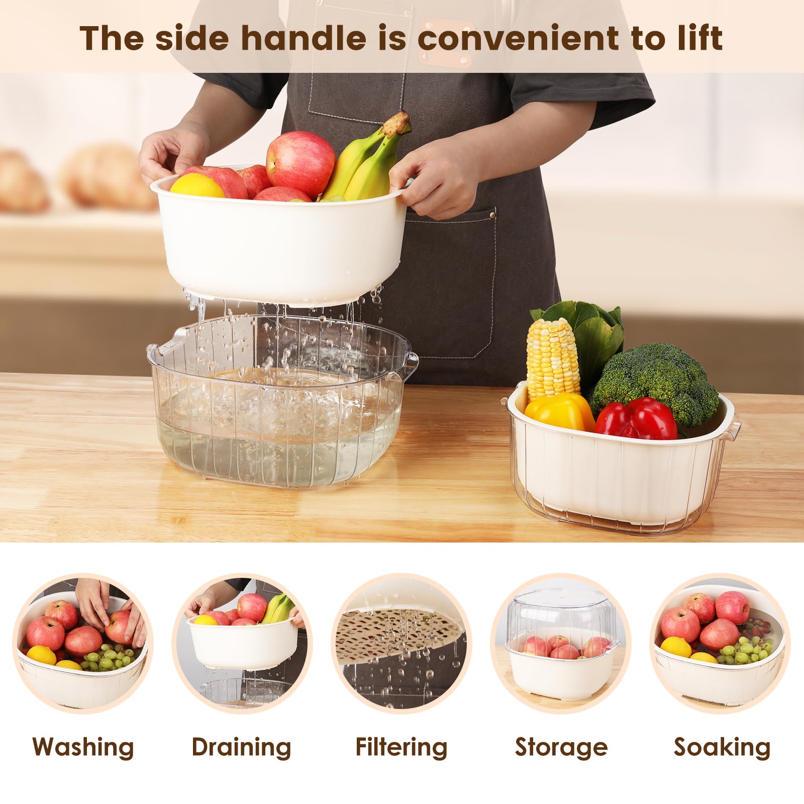 Set 3 In 1 Di Colini Da Cucina A Doppio Strato Con Coperchio - Scolapasta Multifunzione Per Frutta E Verdura, 22x22x11 Cm, PP
