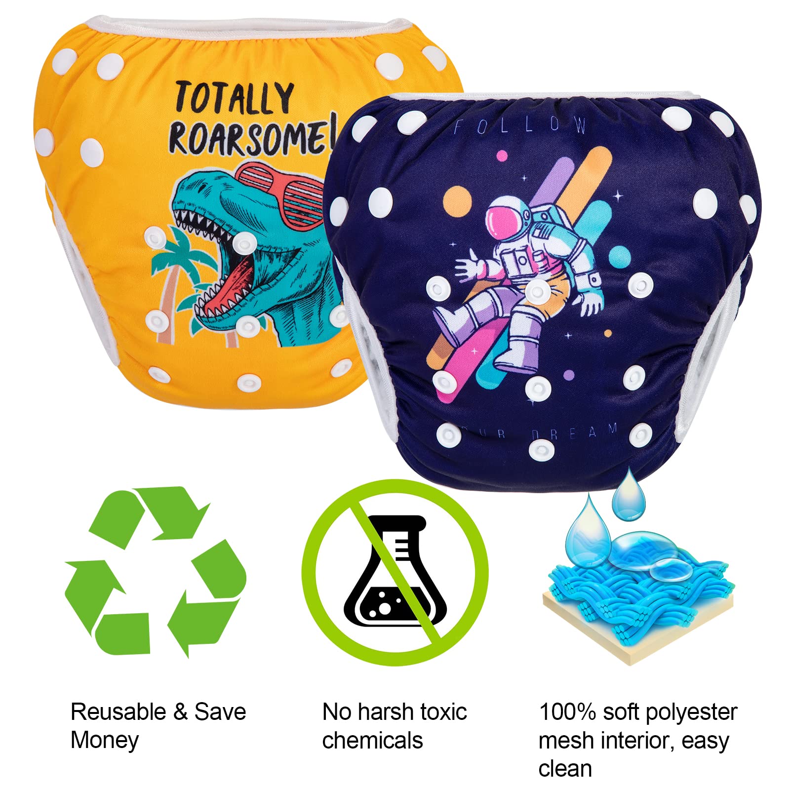 PHOGARY Pañal Bañador (2 Piezas) Pañal De Matar Pantalones De Entrenamiento, Pañales De Baño Para Niños Niñas 0-3 Años (3-10kg), Dinosaurio + Astronauta