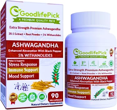 Premium Ashwagandha Capsules with Black Pepper. Powerful 5% Wthanolides from Ashwagandha Powder & 201 Extract 90 ct. Natural NonGMO NO Rice Powder NO Filler