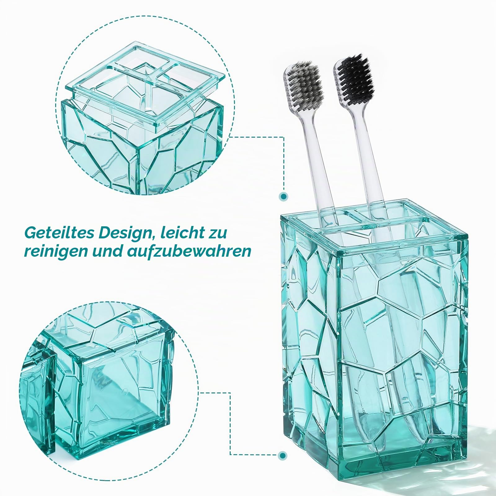 Transparentes Acryl-Badezimmerzubehör-Set – langlebig, rostfrei, transparentes Design – inklusive Seifenspender, Zahnbürstenhalter, Becher, Seifenschale und Toilettenbürste, 5-teilig (Blaugrün)