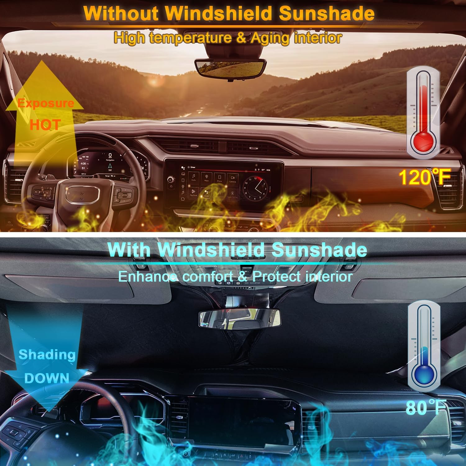 Windshield Sun Shade for 2022-2026 Refreshed Chevy Silverado 1500/GMC Sierra 1500, 2024-2026 Silverado/Sierra 2500HD 3500HD Front Windshiled Sun Visor UV Protection Foldable Sunshade