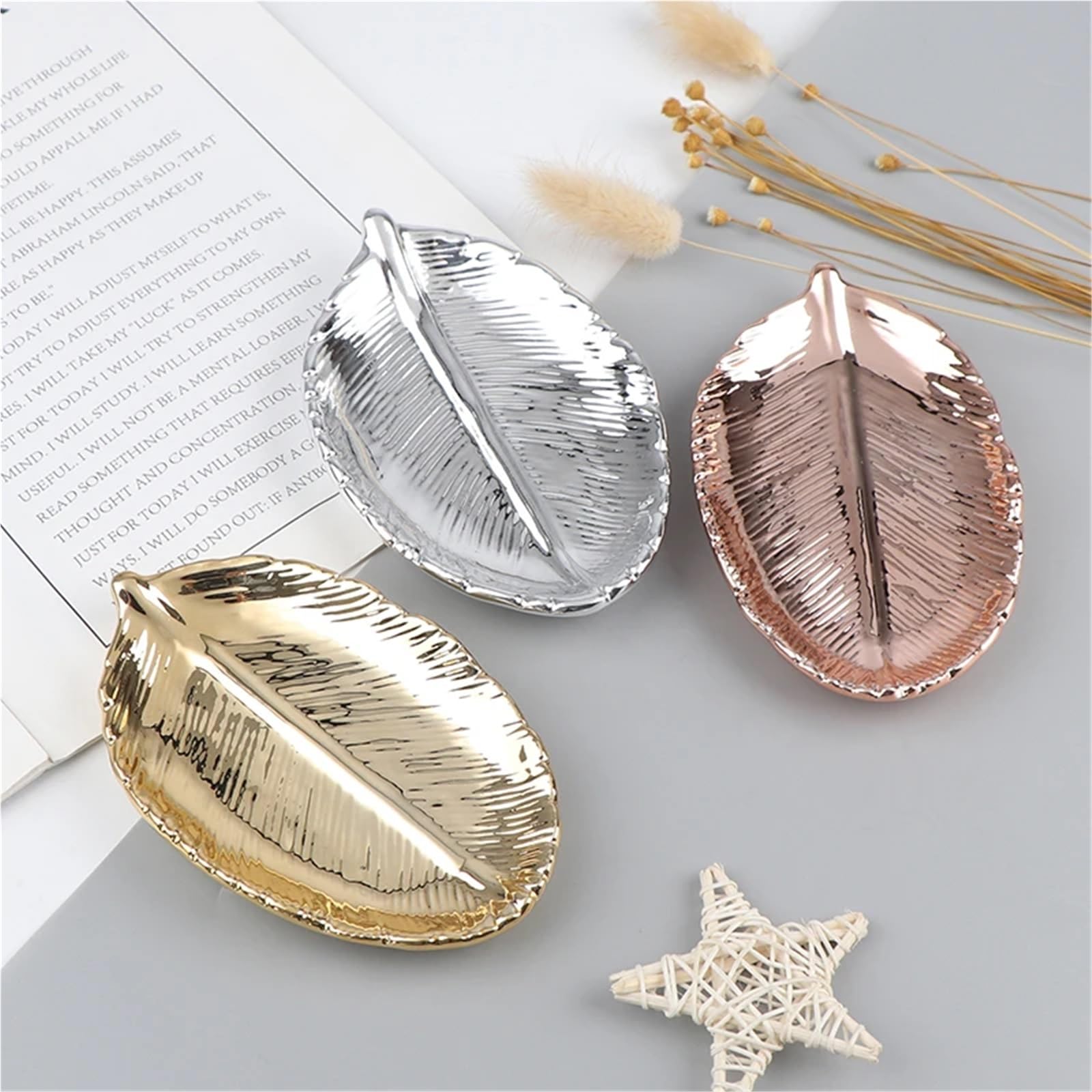 Keramik-Schmucktablett, Keramik-Schmuckschale in Form von Blättern, Schmuckaufbewahrung, goldfarben, silberfarben(Silver)