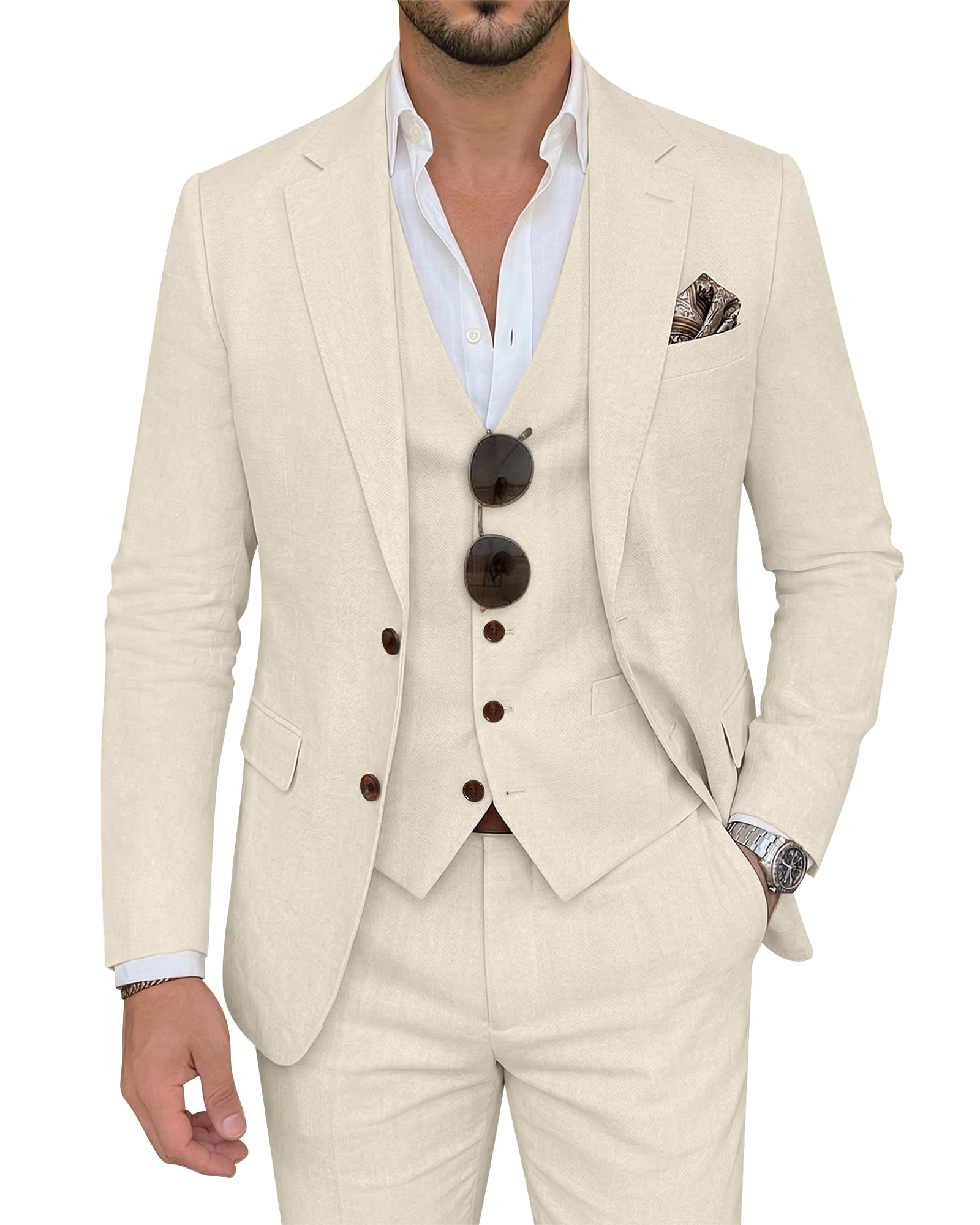 Photo 1 of Linen Suits for Men 3 Piece Slim Fit Jacket Blazer Vest Pants Light Champagne Wedding Prom Suit Casual Groom Tuxedo L
