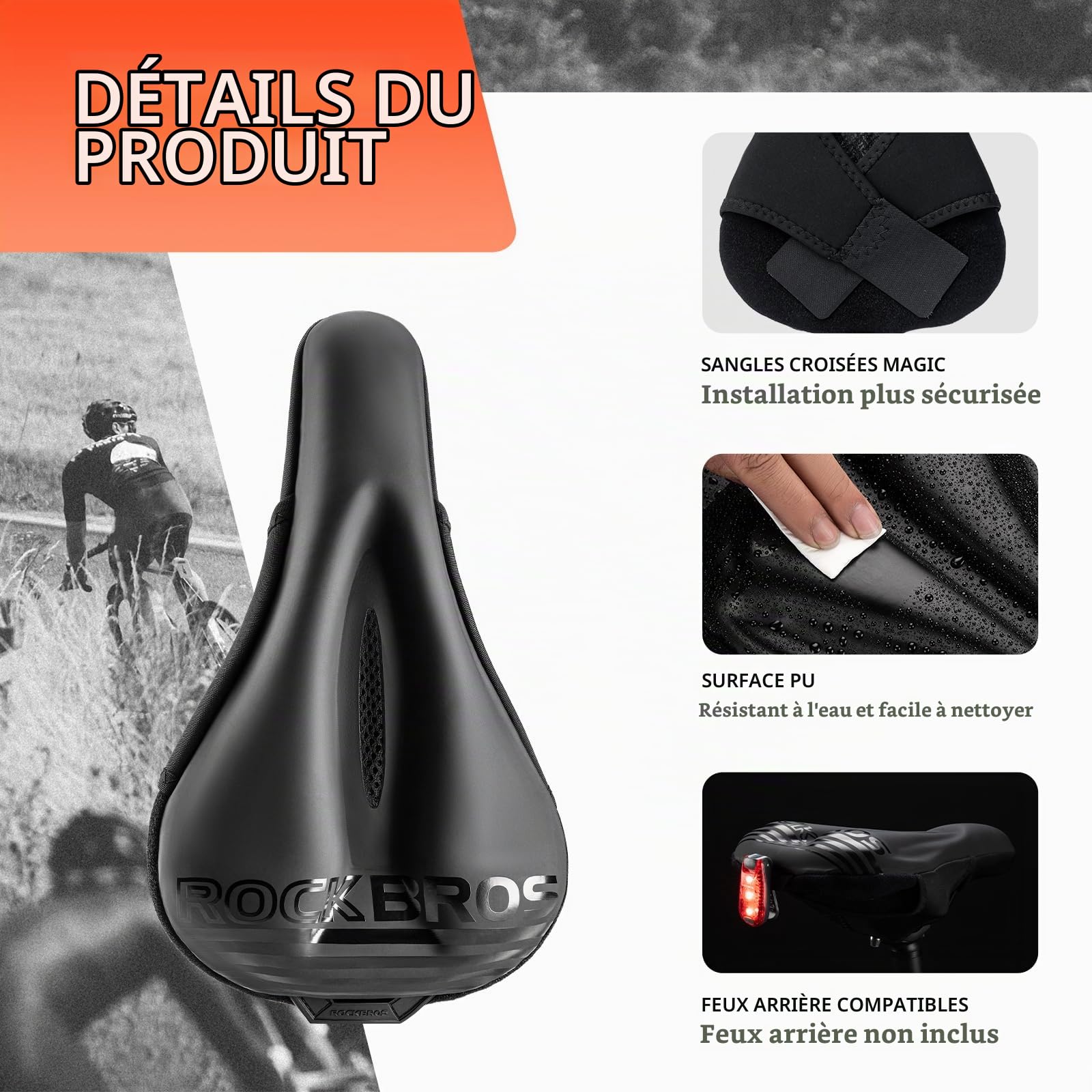 ROCKBROS Housse Selle de Vélo Confortable Creux Silicone Protection Coussin Selle Ergonomique Couvre Siège Respirant Souple Antidérapant Éponge PU Étanche Compatible Feu Arrière VTT Vélo Route Gravel