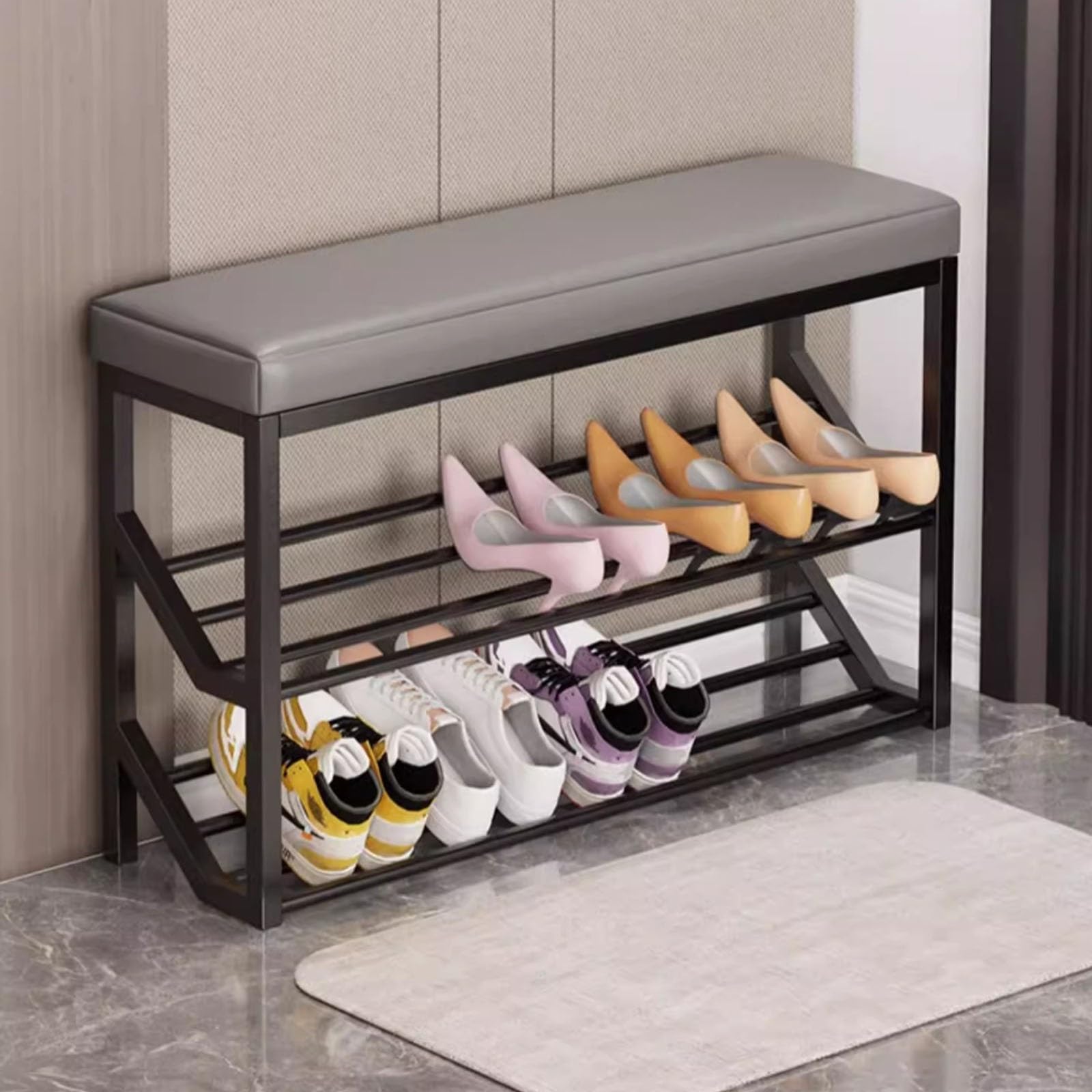 Schmaler Schuhwickelhocker – 2-stöckiges Schuhregal aus PU-Leder für den Eingangsbereich, stilvoller Flurhocker mit gepolstertem Sitz und Metalldesign für Wohnzimmer – Kompaktes Grau (40 x 20 cm)