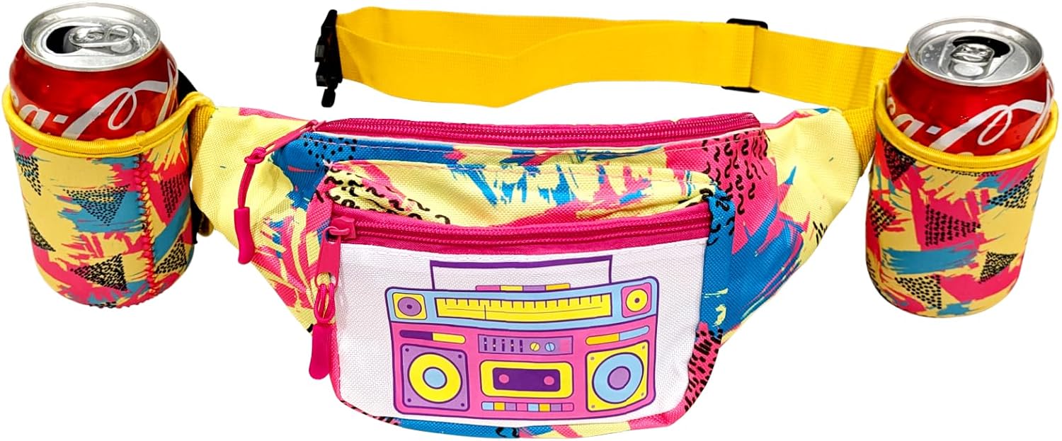 Hippie Fanny Pack Retro Design with Attachable Drink Holders Neon Vintage Colors - Rave Hippy Look