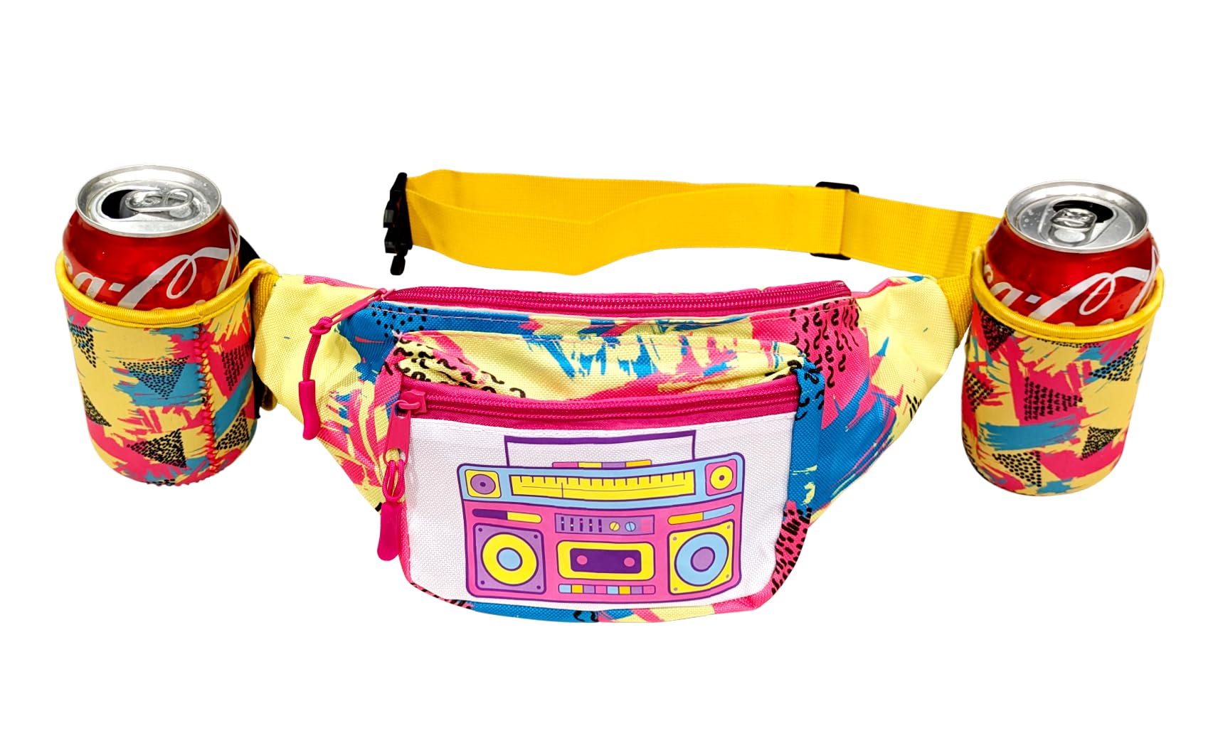 Hippie Fanny Pack Retro Design with Attachable Drink Holders Neon Vintage Colors - Rave Hippy Look