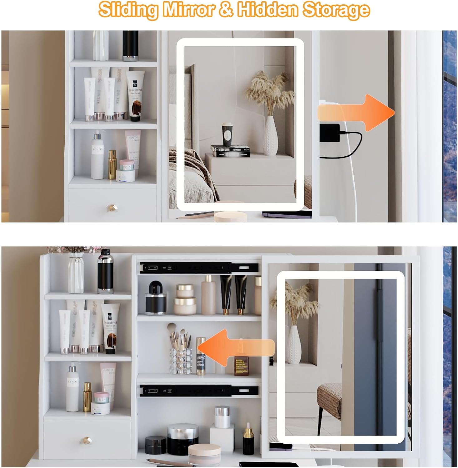 29.2" Small Vanity Desk with Mirror and Lights, Makeup Table with 2 AC+2 USB Power Station, Vanity Set with 5 Drawers and Stool for Small Space Bedroom, White