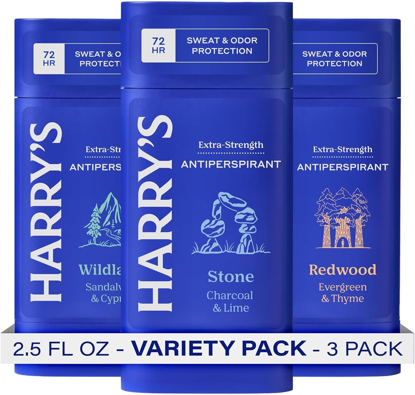 Harry's Extra-Strength Antiperspirant Deodorant, Sweat & Odor Control Antiperspirant for Men, Variety Pack - Stone, Redwood, Wildlands, 2.5 oz Pack of 3
