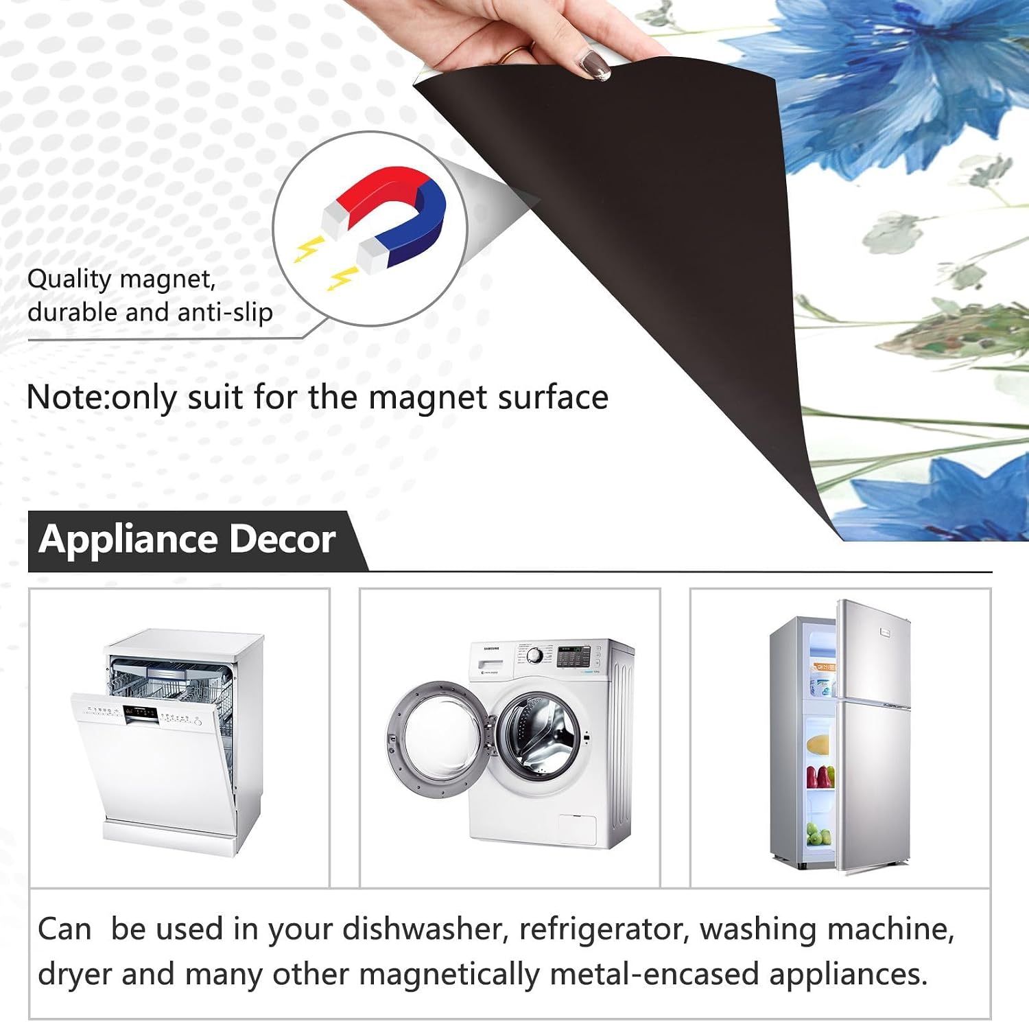 Watercolor White Blue Cornflowers Daisy Flower Dishwasher Magnet Cover Front Dishwasher Cover Decoration Magnetic Sticker Decorative Refrigerator Home Cabinet Appliances Stickers Flower Art Mag image 2