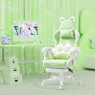 Cute Cat Ears Gaming Chair for Women Girls - Ergonomic PU Leather Office Chair with Footrest cat paw Pillow, 360° Swivel Recliner, Green