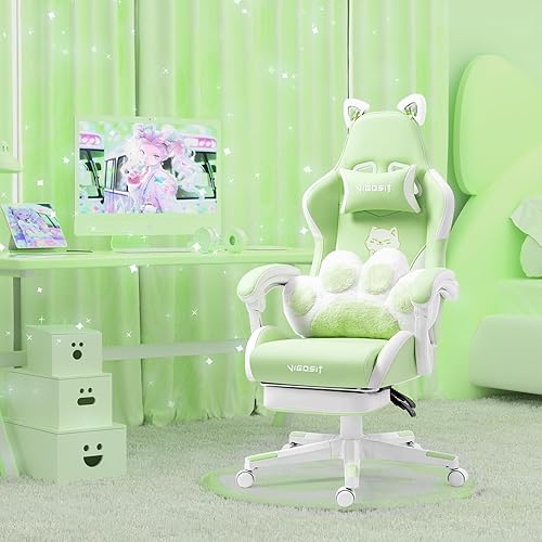 Vigosit Cute Kawaii Gaming Chair with Cat Paw Lumbar Cushion & Cat Ears, PC Game Reclining Chair for Girl, Teen, Kids, Green