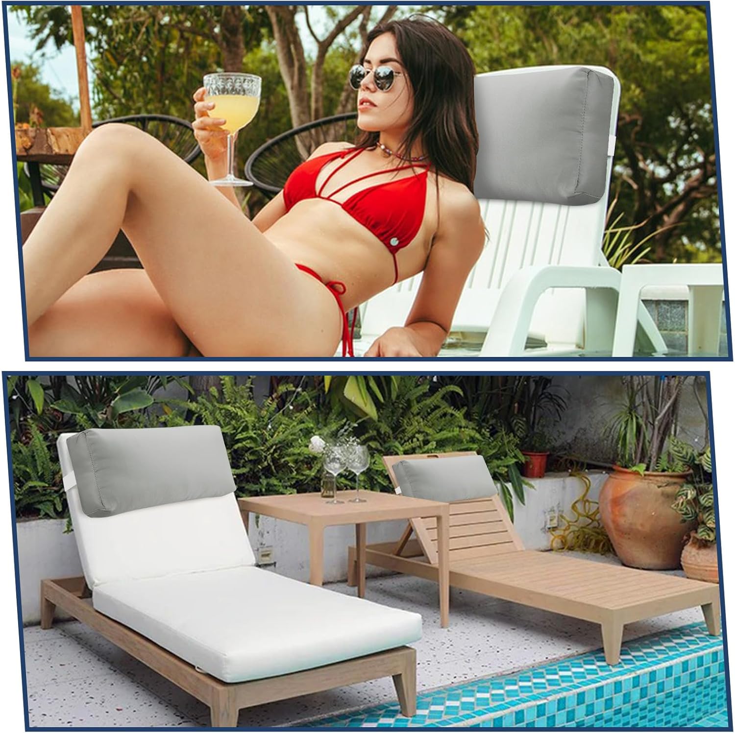 Headrest Pillow for Pool Chaise Lounge, Pool Lounge Pillows Outdoor with Elastic Band for Recliner and Pool Patio Chairs, Head Neck Support Pillow (Gray,22x8.6x3.9)