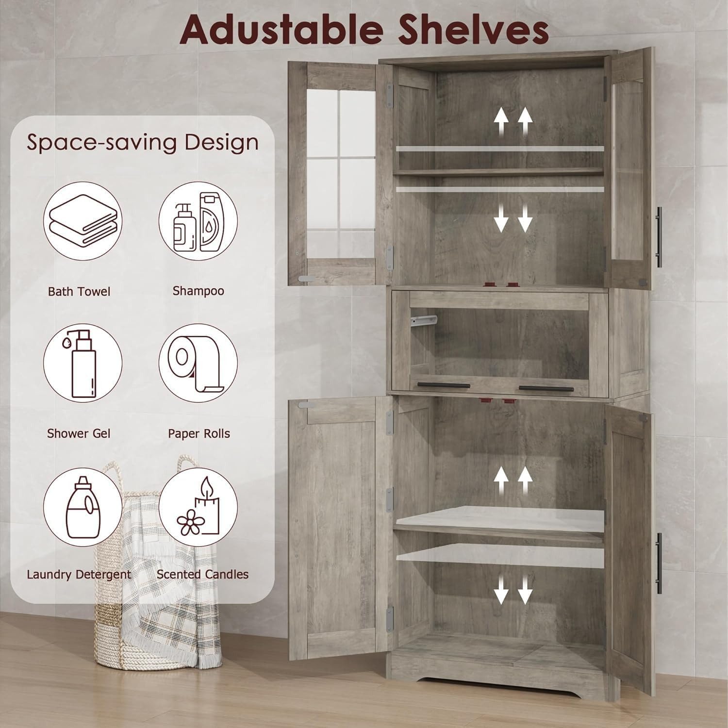 Armario de Baño de Doble Compartimento, Mueble de Baño con Puertas y Estante Ajustable, para Baño, Lavandería y Espacios Pequeños, Gris, 60×30×170 cm