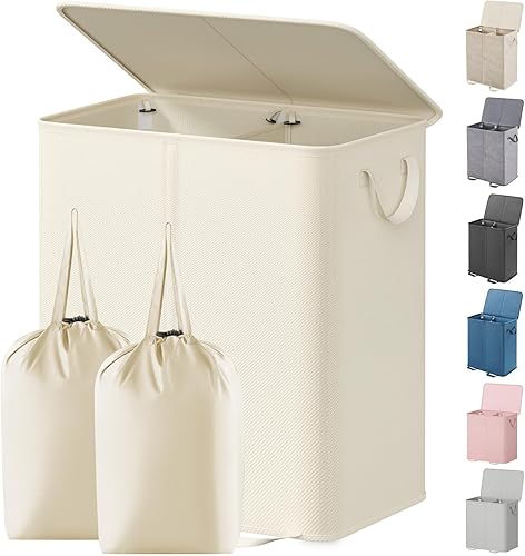 Miniatura 15 de Lifewit Cesta de lavandería doble con tapa y bolsas de lavandería extraíbles, gran plegable, 2 divisores, cesta de ropa sucia con asas para Negro