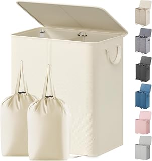 Lifewit Double Laundry Hamper with Lid, Removable Laundry Bags, Ivory White