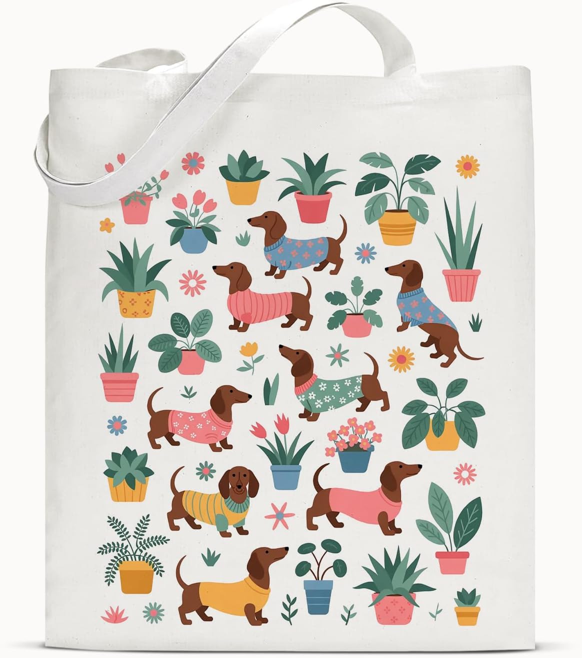 Cute Dachshund Plants Tote Bag for Women, Birthday Gift for Dog Lovers Plant Lovers, Canvas Reusable Shoulder Bag for Grocery Shopping Travel Work