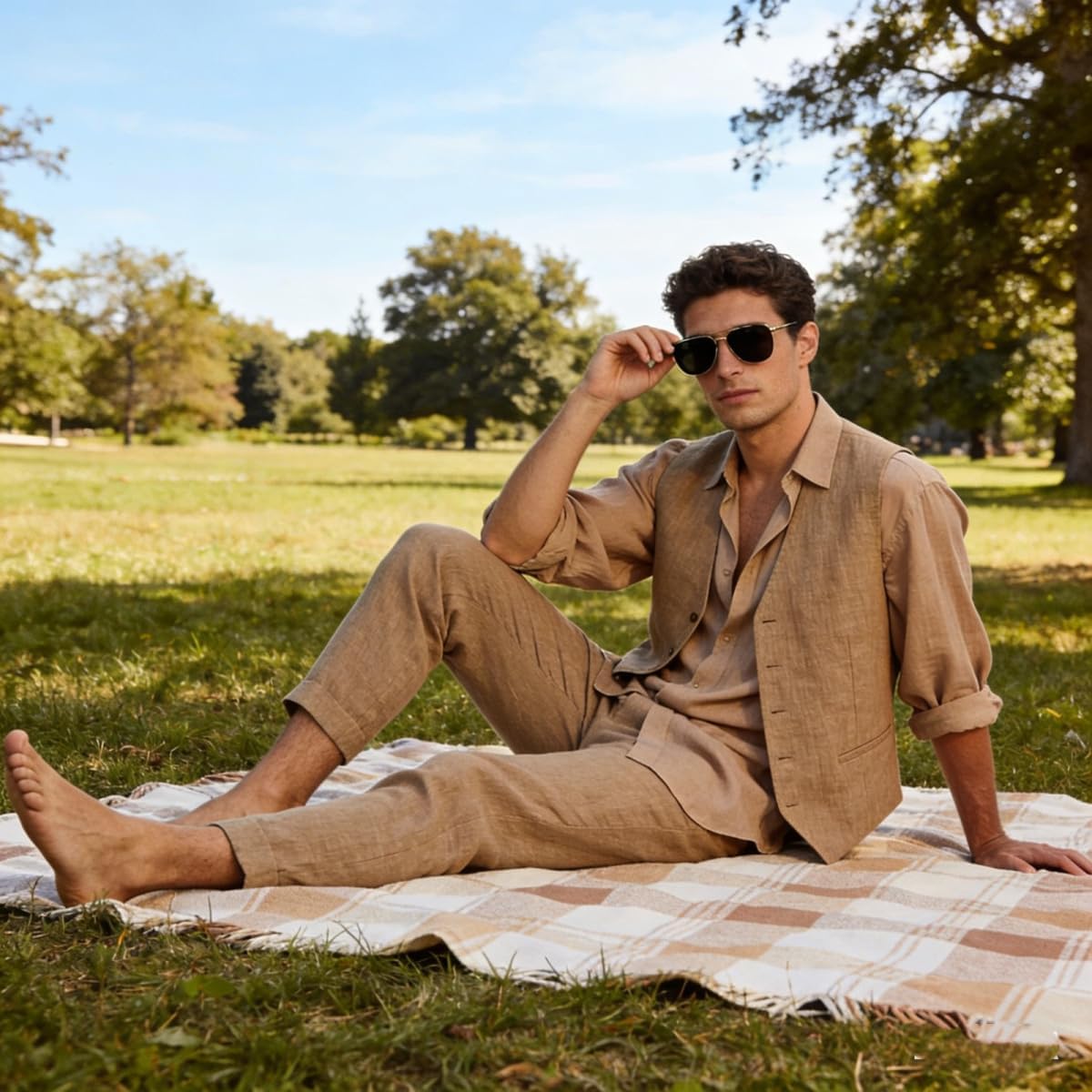 Men's Linen Suits 2 Piece Slim Fit Suit Prom Beach Wedding Groomsman Vest Pants Set Casual Summer Linen Outfit