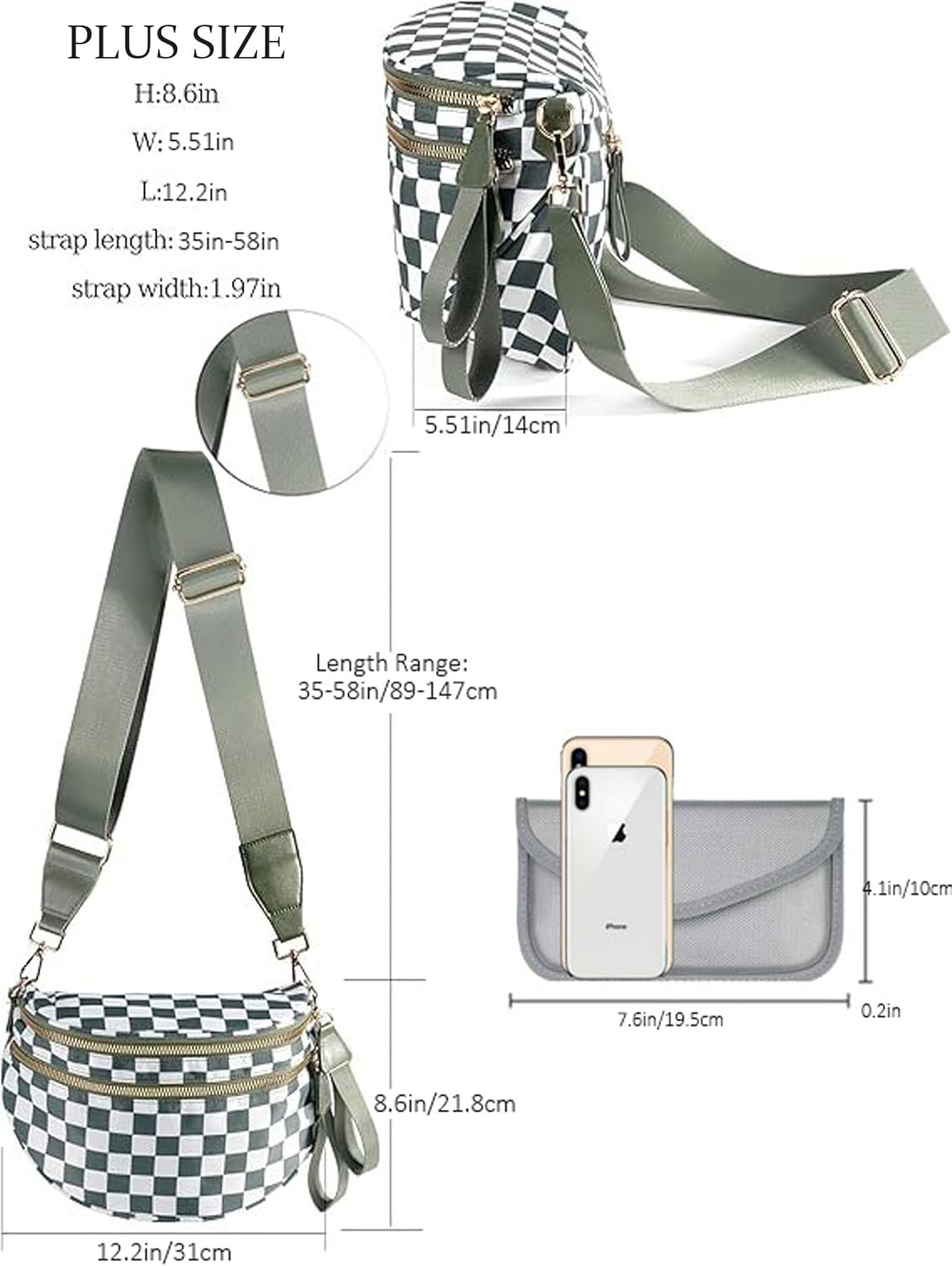 HPvyboshut Checkered Bum Bag/Spacious Nylon Crossbody Bags for Women/with Signal Blocking RFID Wallet Women/2-in-1 Protect Crossbody Purse(Green Checkered) | RFID Blocking Safe, Lightweight-Spacious, Durable-Sturdy, Multi Pockets, Waterproof, Anti-fouling