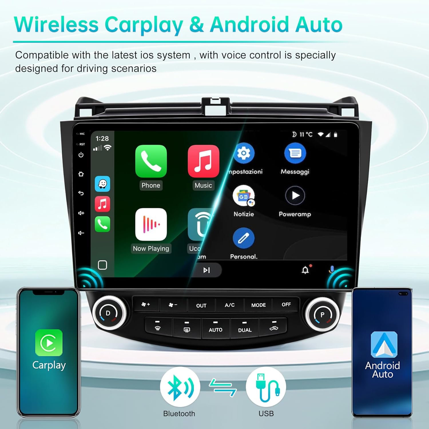 Car Radio Stereo for Honda Accord 7th Gen (2003-2007) Android 14 2GB+64GB Wireless CarPlay & Android Auto, 10-Inch IPS Touchscreen, Bluetooth WiFi GPS Navi, FM/AM, Backup Camera, SWC