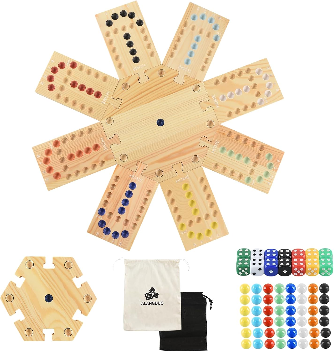 Marble Board Game for 2-8 Players, Portable Wooden Marble Game with 48 Marbles 16 Dice for Kids Adults Friends Family Party Game Night Gift
