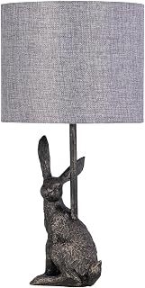 Antique Gold Rabbit Hare Table Lamp or Bedside Light with Grey Linen Fabric Shade, Resin Animal, Height 43 cm, LED Compatible