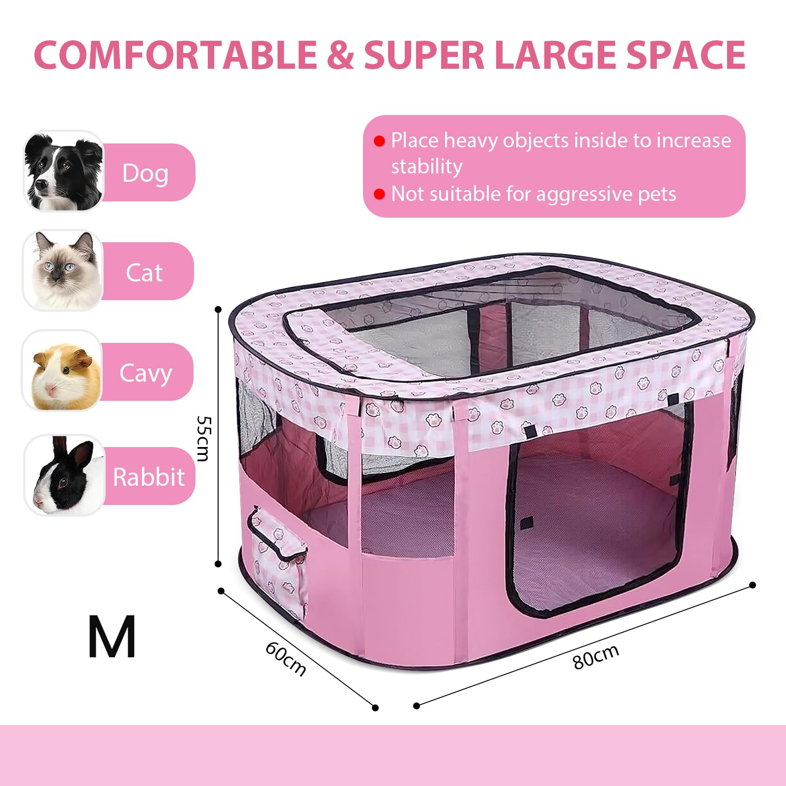 Recinto per Cani da Interno Pieghevole, Recinto per Cuccioli Rosa 80 x 60 x 55 cm, Recinto per Gatti Traspirante, Portatile Box per Cani da Interno, Recinto per Animali pour Gatti, Cani, Conigli