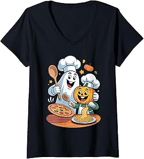 Womens Funny Pizza Ghost Cooking Halloween Design V-Neck T-Shirt