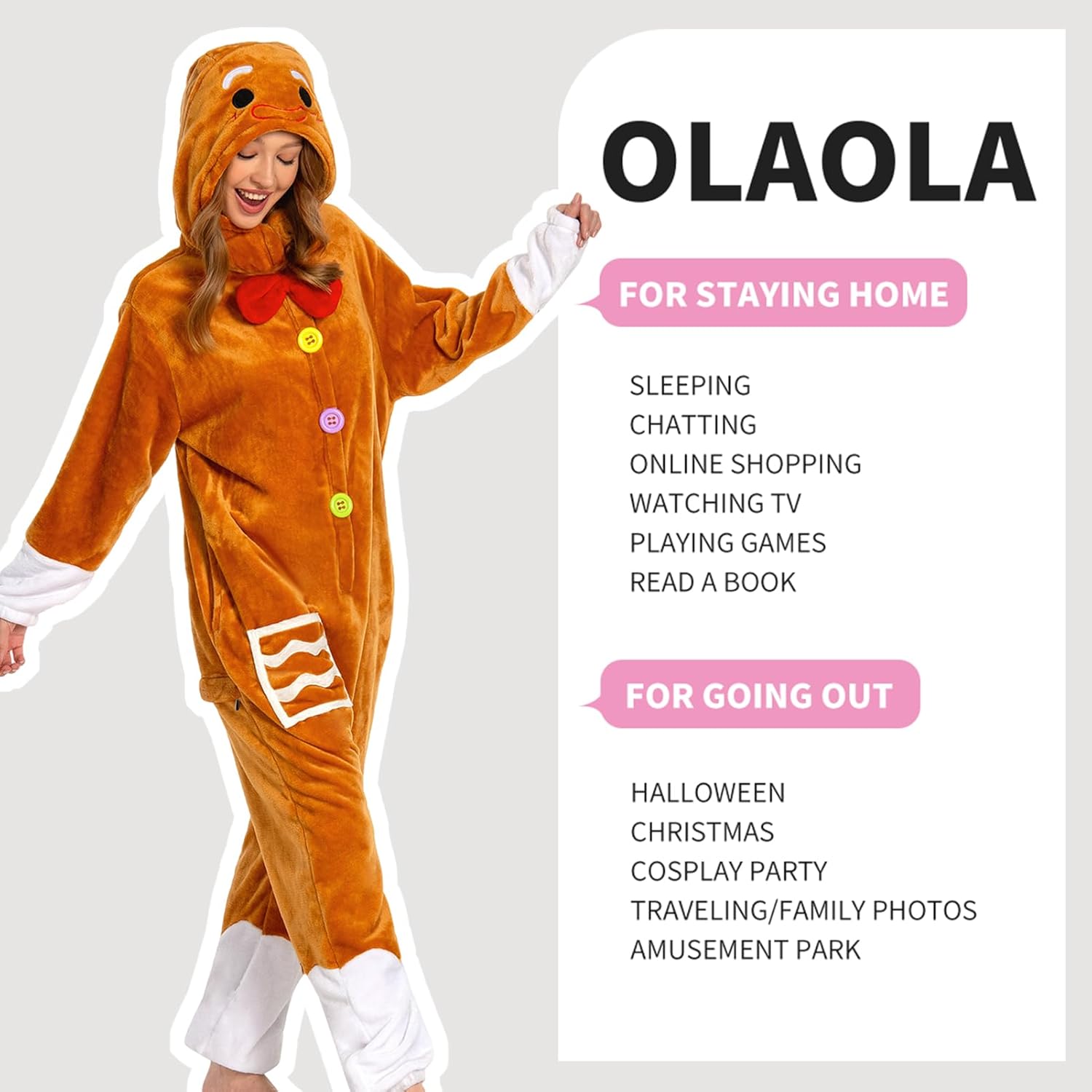 OLAOLA Unisex Adult Christmas Costume, Plush Santa Onesie Reindeer Gingerbread Snowman One-Piece Cosplay Pajamas - Image 5