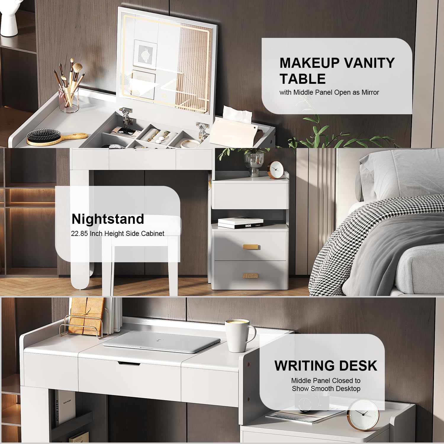 3-in-1 Makeup Vanity Desk with Flip-Top Mirror, LED Lighting, Adjustable Length & Ample Drawers - Stylish Multi-Functional Dressing Table for Home,Apartment (White)