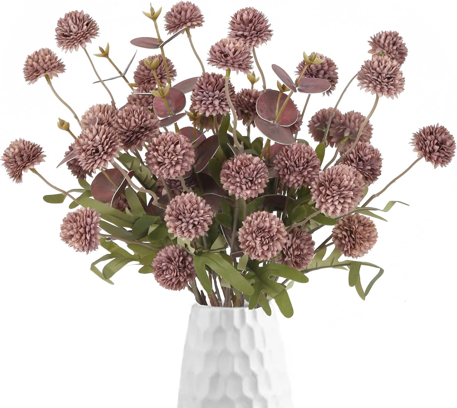 Faux Silk Pompom Mum Artificial Flowers,8 Stems Purple Fake Kiku Flower with 3 Branches Real Touch Eucalyptus Stems for Wedding Bouquet Home Party Floral Arrangements(Purple)