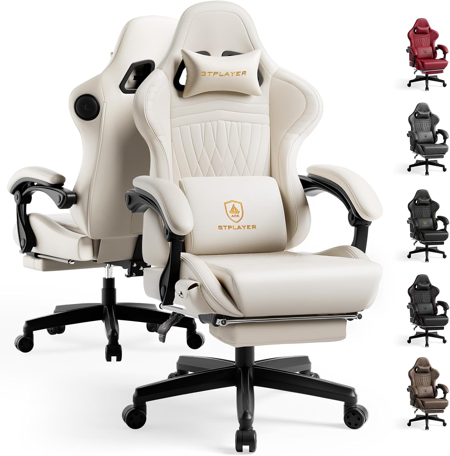 Gaming Chair with Speakers ACE-PRO, Computer Video Game Chairs with Footrest for Adults, Built-in Speakers, App Support & Bluetooth Control, Ergonomic Reclining Silla, Linkage Armrest, Ivory
