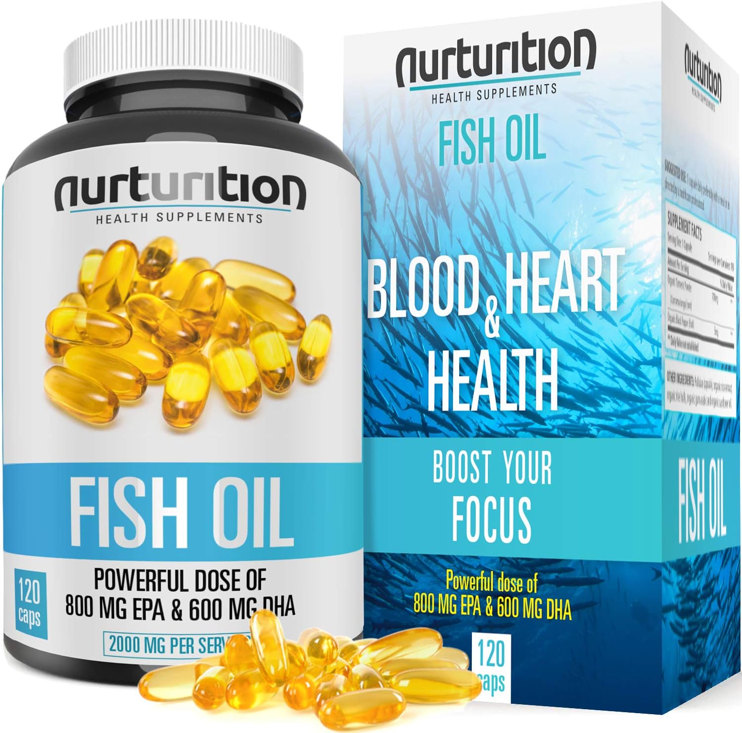 NURTURITION Purified Fish Oil 2000mg - with 800mg EPA + 600mg DHA - Omega 3 to Support an Active Lifestyle - Helps to Get Better Focus - Formulated to Support Your Blood/Heart Health - 120 softgels